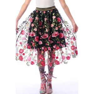 Aratta XL Floral Embroid. Mesh Tulle Skirt Black Pink Gold Elastic Waist A-Line